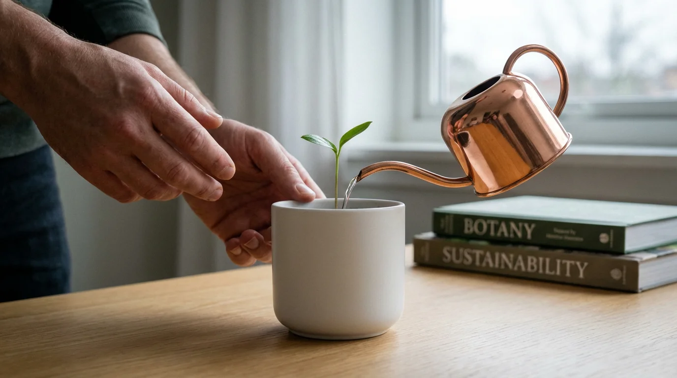 Adult hands watering a small seedling in a pot on a desk, symbolizing college savings.