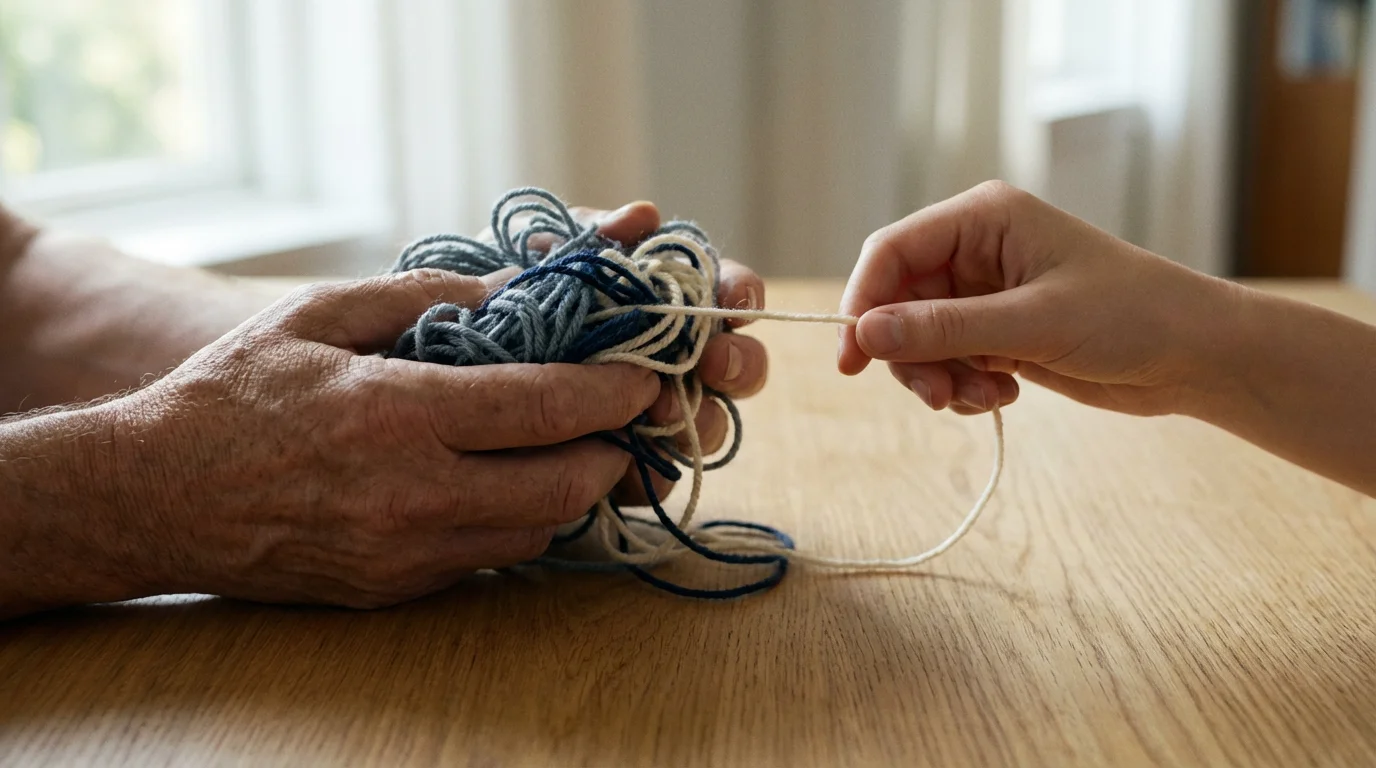 Close-up of two pairs of hands carefully untangling a complex knot of yarn.