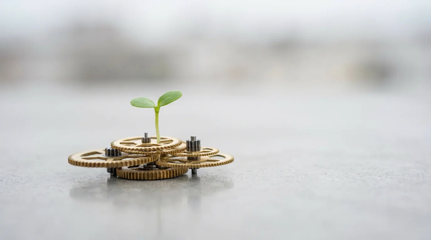Low angle photo of a small green seedling growing from a pile of gears.