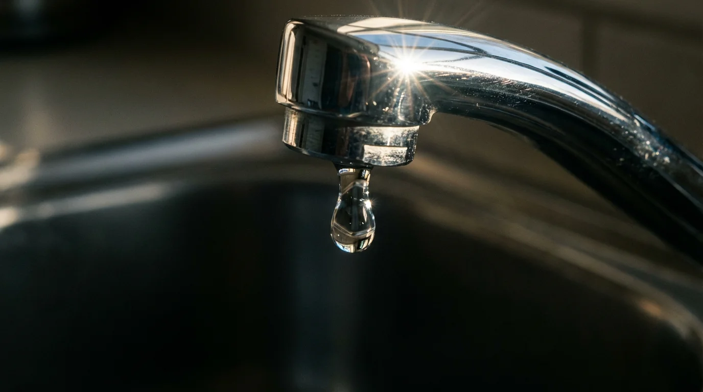 Macro photo of a single water droplet about to fall from a modern faucet.