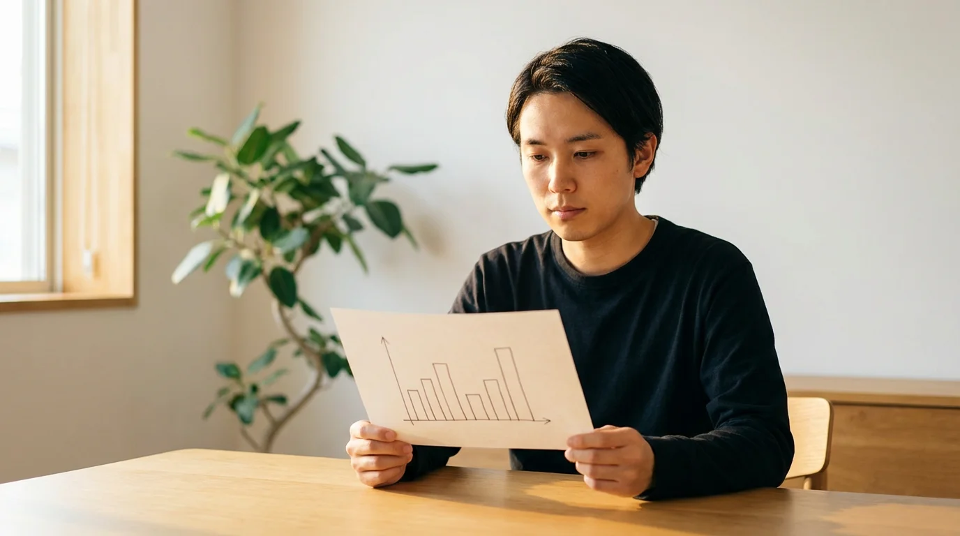 Person at a desk calmly reviewing a paper with a graph during golden hour.