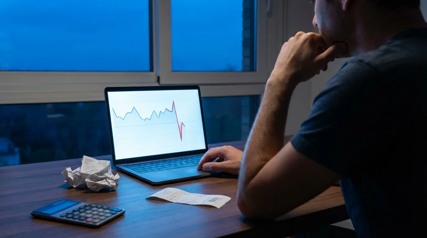 Person at a desk during blue hour looking at a laptop with a downturned graph.