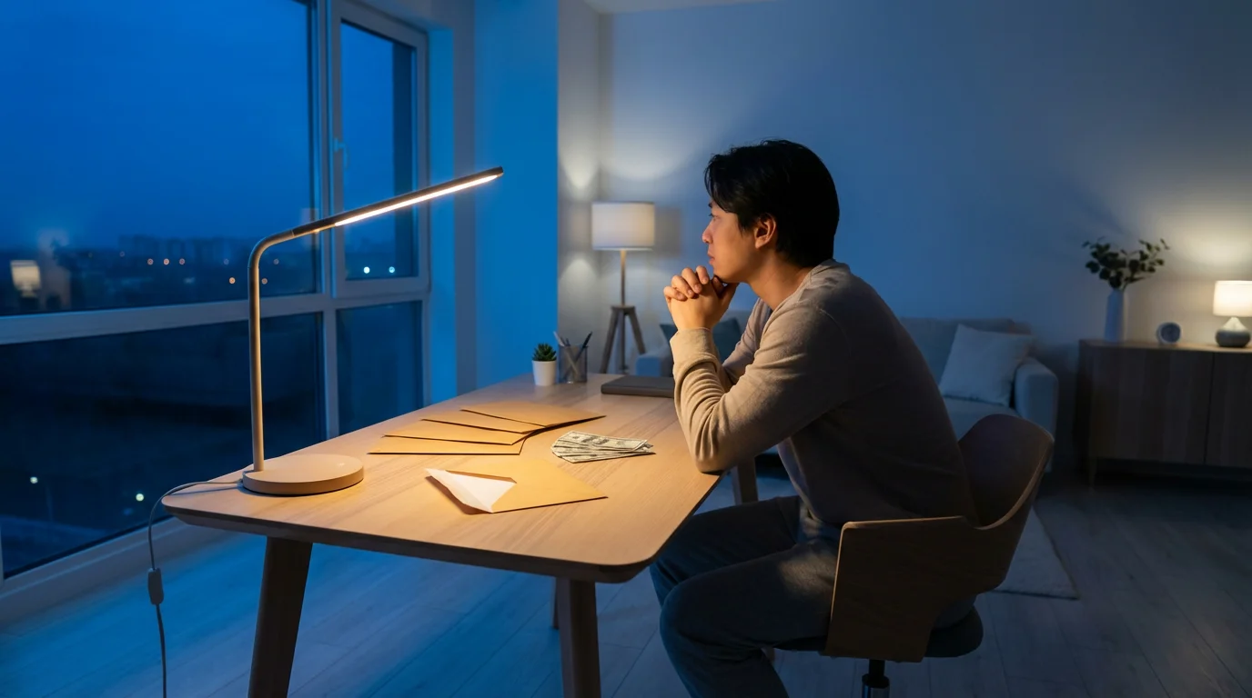 Person at a desk in the evening looking over empty and full cash envelopes.