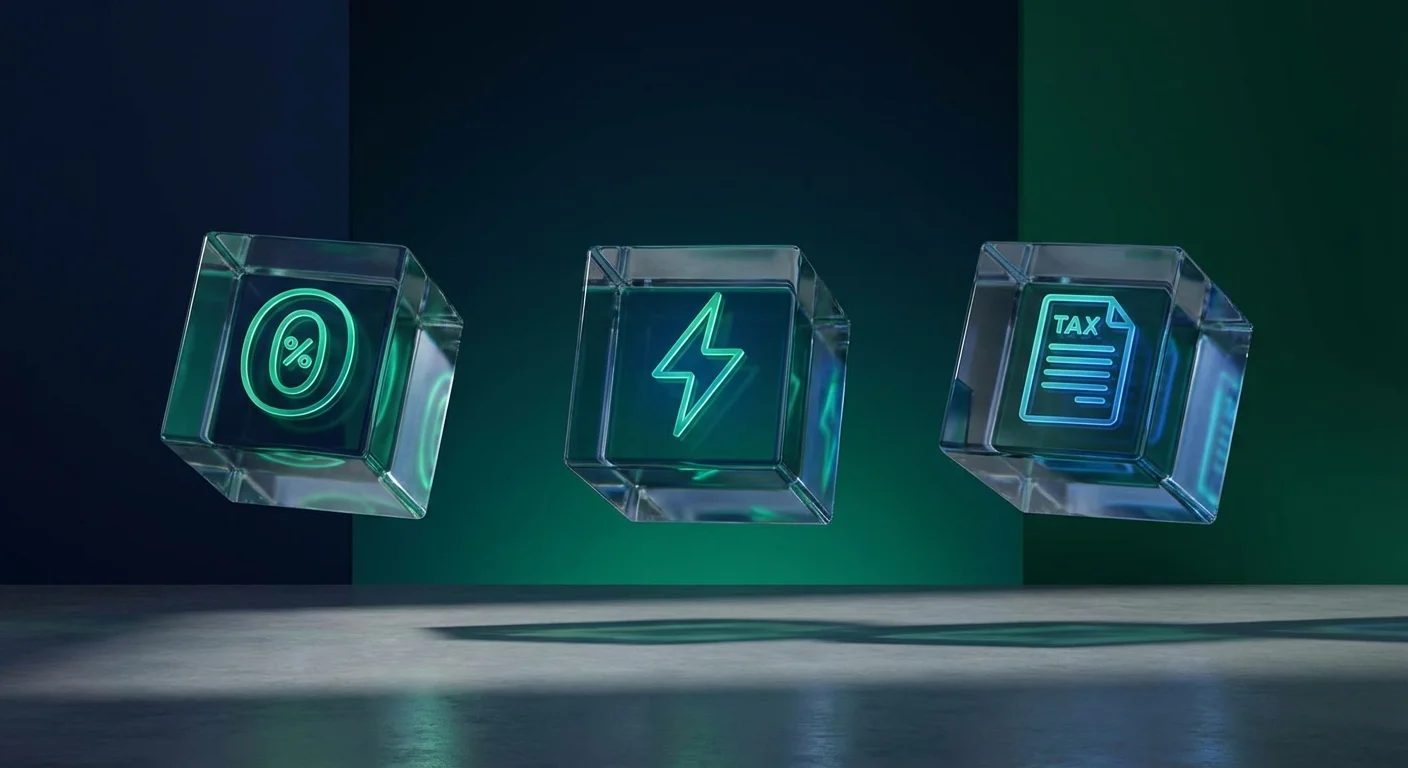 Three stylized 3D glass cubes containing icons for low cost, efficiency, and tax planning.